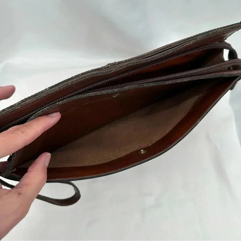 Leather Clutch Brown Wristlet Handle Zipper - Picture 4 of 9